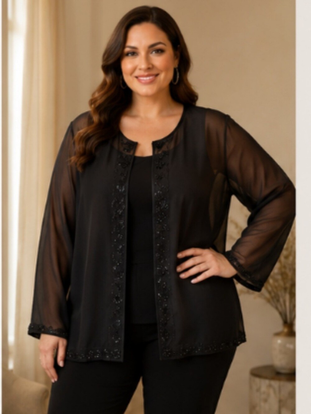 NWT Spenser Jeremy Woman 100% Silk Beaded Sheer Cover-Up Top Black Size 24 / 3X